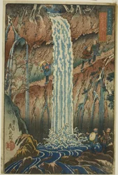 Bakovervendte fossefall, en av de tre fossene (Urami-ga-taki, santaki no sono ikkei), fra serien quot;Berømte naturskjønne steder i fjellene i Nikko (Nikkosan meisho no uchi)quot;