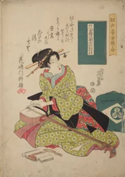 Kvinne som setter en streng på en shamisen, fra serien: Musikalsk konkurranse i Edo i shamisen-spill - Edo ongyoku uta-awase