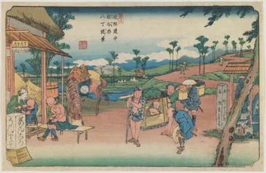 Nummer 9: Utsikt over Hatchō-vollen ved Kumagaya stasjon, fra serien «Langs Kiso-veien»
