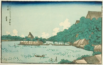 Toeizan-tempelet sett fra Shinobazu Benten-helligdommen i Edo (Edo Shinobazu Benten yori Toeizan o miru zu), fra en rekke berømte steder i Edo med rammer av vestlige bokstaver