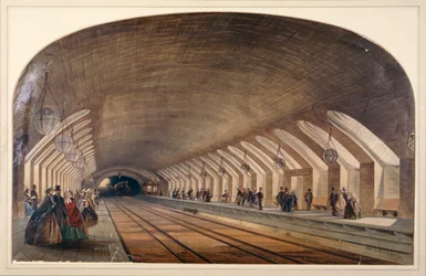 Interiør av Baker Street Station som viser plattformer og et tog som nærmer seg, London, c1865