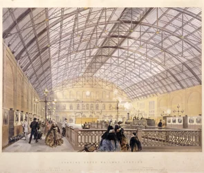 Interiør av Charing Cross Station som viser tog og jerntaket, London, c1890