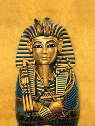 Komposittillustrasjon av kiste til innvollene til Tutankhamon; Tutankhamon; Utstilling…, 2009 (foto)
