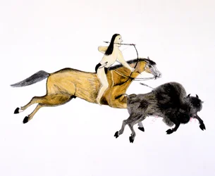 Mounted Grand Plains indisk jakt på bøffel med pil og bue, c1890-c1927.