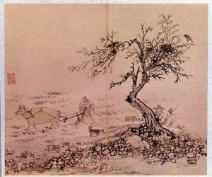 Art coreen: scene de plowing. Trykk av Kim Hong-do (Kim Hong Do) eller Danwon (1745-ca. 1806)
