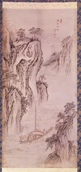 Art coreen: returen til Mu-i. Kjernelandskap med båt og bratt klippe. Trykk av Kim Hong do eller Danwon (1745-ca. 1806). 1760. Hyung Pil Chun Samling.