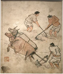 Landbruksarbeidsscene. Maleri av Danwon (Kim Hongdo) (1745-1806), blekk på papir, Coreen-kunst, periode Joseon (Choson) 1700-tallet. Nasjonalmuseet i Korea, Seoul (Sør-Korea).