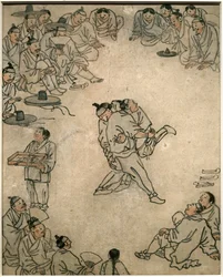 Scene med tradisjonell bryting, tilskuere og en konfektselger. Koreansk kunst, Joseon-perioden, 18. århundre. Koreas nasjonalmuseum, Seoul (Sør-Korea).