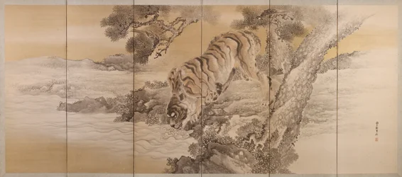 Seksdelt skjerm som viser en drikkende tiger, 1749-1838