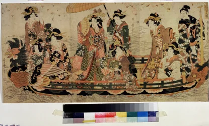 Beundre kirsebærblomstene (Hanami) (Cherry Blossom Viewing, Hanami). Trykk av Kitagawa Utamaro II (?-1831). Fargeetsing, 37 x 76 cm. Østlig kunst. Pushkin-museet, Moskva