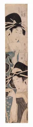 To kurtisaner, en med sakekopp, ca. 1795-1804 (fargetresnitt)