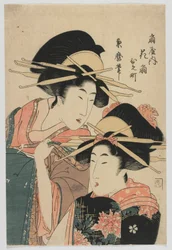 Kurtisanene Hanaogi og Hamachi fra Ogwa, Edo-perioden, etter 1804 (farget treblokktrykk)