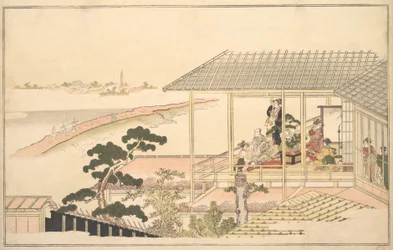 Et parti av glade mennesker i et hus i Yoshiwara på en måneskinnsnatt, 1789.
