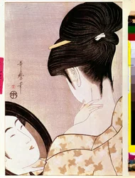 En kvinne pudrer nakken i skyggen. Japansk trykk av Kitagawa Utamaro (1753-1806). 0,37 x 0,22 m. 1795-1796. Paris, Musée Guimet, Nasjonalmuseet for asiatisk kunst