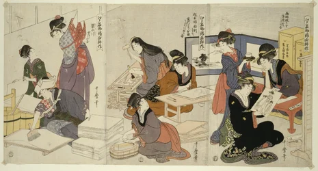 Artist, Block Carver, Applying Sizing, fra serien The Cultivation of Brocade Prints, A Famous Product of Edo, ca. 1803