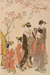 Courtesaner som rusler under kirsebærtrær, ca. 1789 (treblokktrykk) (detalj av 203664)