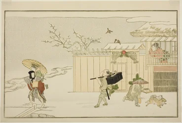 Leverer nyttårsgaver i snøen, fra den illustrerte kyoka-antologien "The Young God Ebisu (Waka Ebisu)"