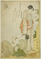 Ensaki no Yusuzumi: Sjangerens Senes med Kyoka-dikt, i Aiban-format Carri Aiban Fuzokuzu)