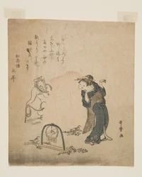 Fox Catching a Woman (treblokktrykk i farger)