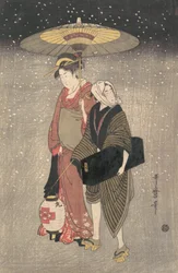 Geisha går gjennom snøen om natten, ca. 1797.