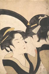 Naniwa Okita betrakter seg selv i et speil, ca. 1790-95.
