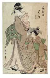 Oiran med to kamuro, Edo-perioden, ca. 1790 (tresnitt på papir)