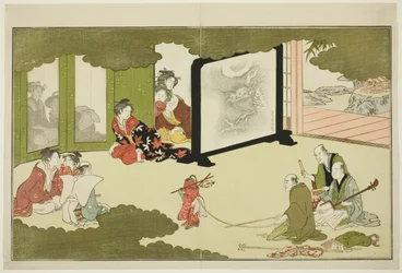 Performance of a Trained Monkey, fra en illustrert poesiantologi med tittelen "The Young God Ebisu (Waka Ebisu)"