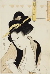 Portrett av en mor som ammer barnet sitt, fra serien "Twelve Types of Beautiful Woman with Landscapes of Famous Places"