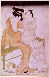 Representasjon av et japansk par som stryker hverandre på en benk. Trykk av Utamaro Kitagawa (1753-1806). Dim. 0,38x0,245 m. Paris, Muse Guimet, Nasjonalmuseet for asiatisk kunst