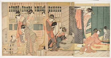 Morgenscene i et japansk "toleransehus" (karitaku) - Trykk av Kitagawa Utamaro (1753-1806)