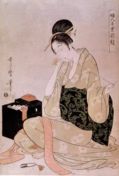 Søm, serie om kvinners håndarbeid: en syerske som klipper tråden med tennene. Japansk trykk av Utamaro Kitagawa (1753-1806). Mål: 0,37x0,26 m. 18. århundre. Paris, Guimet-museet, Nasjonalmuseet for asiatisk kunst