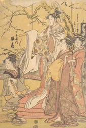 Oiran Hinazuru fra Chojiya står på en haug med futon, ca. 1794.