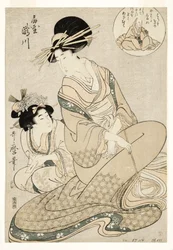 Kurtisanen Takigawa og hennes ledsager fra Ogiya i hentydning til poeten, 1800-02 (treblokk)