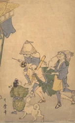 Three Revelers of the Lower Classes, Iført Komuso-hatter ..., sent på 1700-tallet - begynnelsen av 1800-tallet.