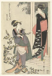 To kvinner ved en blomstrende yamabuki-busk: andre akt. Nidanme (tittel på objekt) Parodi på Chushingura av kjente skjønnheter. (serietittel) Komei bijin mitate Chushingura (serietittel på objekt)