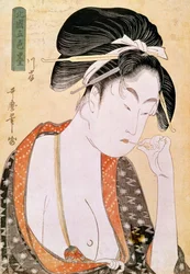 Kvinne som lengter etter leppene Japansk trykk av Utamaro Kitagawa (1753-1806). 18. århundre. Paris, Guimet Museum, Asian Arts Museum