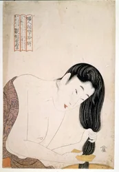 Kvinne som maler seg selv. sd. Kunstverk av Utamaro KITAGAWA (1753-1806).
