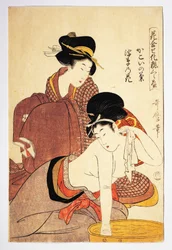 Kvinne som vasker seg, rundt 1803, illustrasjon av Kitagawa Utamaro (1753-1806) fra Hana Awase Kesho Kurabe, Aiban-tate-e tresnitt, japansk sivilisasjon, Edo-perioden