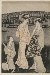 Kvinner nyter den kjølige kvelden nær Ryogoku-broen