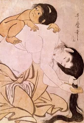 Yamauba og Kintoki Moren grer håret mens hun bærer barnet sitt på ryggen. Japansk trykk av Utamaro Kitagawa (1753-1806). 18. århundre. Paris, Guimet Museum, Asian Arts Museum
