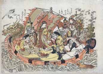Sept Divinites du Bonheur - Seven Lucky Gods par Kitao, Shigemasa (1739-1820), Mellom 1775 og 1780 - Farge linosnitt, 32,6x46,1 - Privat samling