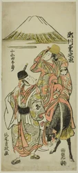 Skuespillerne Segawa Kikunojo II som Itsuki og Bando Hikosaburo II som Oyamada Taro i stykket "Taiheiki Shizunome Furisode," fremført på Nakamura Theatre i den ellevte måneden, 1767