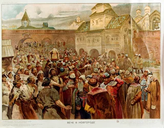 Novgorod - Kvelden i republikken Novgorod (1136-1478) - Oeuvre de Lebedev, Klavdiy Vasilievich (1852-1916)