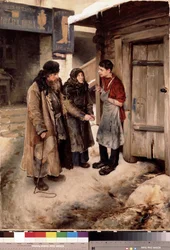 Besøk av foreldre til sønnen. (Foreldre besøker sønnen). Familiegjenforening i en grusgate, foran et skomakerskilt. Sønnen har på seg et håndverkerforkle. Maleri av Klavdi Vasilyevich Lebedev (1852-1916), olje på lerret