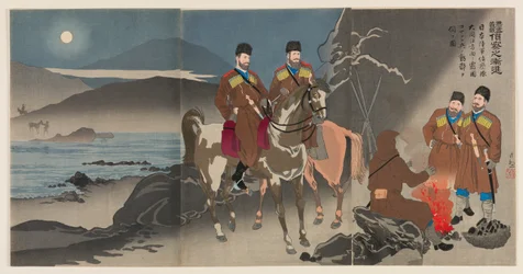 Gradvis fremgang av speidere i den rettferdige krigen for å tukte Russland: Et speiderparti fra den japanske hæren som observerer bevegelsene til russiske kosakksoldater over Daedong-elven