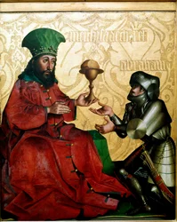 Abraham og Melkisedek Kongen av Salem Melkisedek (Melkisedek eller Melkisedek eller Melkisedek) tilbyr Abraham, seirende i en kamp mot Kedorlaomer (Kedor Laomer), brød og vin. Maleri av Conrad Witz (