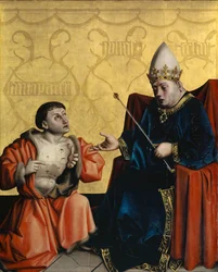 Antipater kneler foran Julius Caesar fra Hohlspiegel-altertavlen, ca. 1435 (blandet medium på eikepanel)