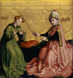 Esther før Ahasverus fra Heilspiegel-altertavlen, ca. 1435 (blandet medium på eikepanel)