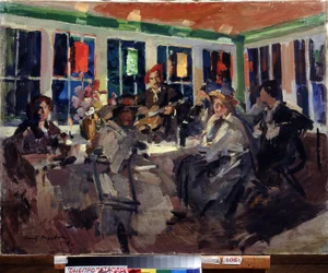 På en kafé (på en kafé). Kvinner satt i nærheten av et karnapp, opplyst med fargede lykter, akkompagnert av en gitarist. Maleri av Konstantin Alexeyevich Korovin (Constantin Korovin) (1861-1939), olje på lerret