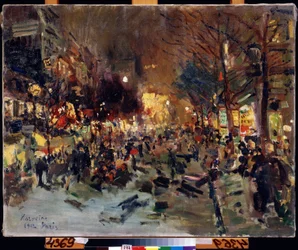 Grand Boulevard i Paris (Boulevard i Paris). Utsikt over den travle gaten om kvelden. Du kan se Morris-spalter til høyre. Maleri av Konstantin Alexeyevich Korovin (Constantin Korovin) (1861-1939), olje på lerret